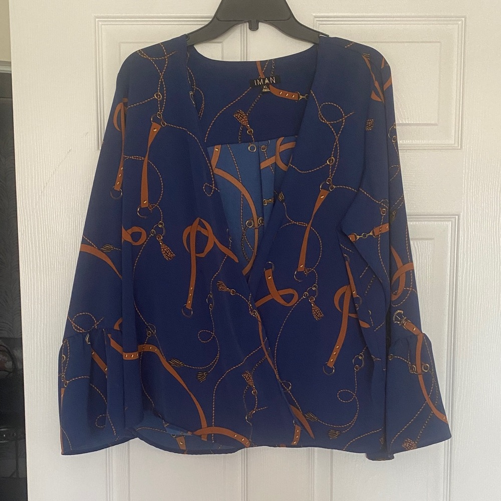 IMAN Royal Blue Blouse with Orange Chain Design